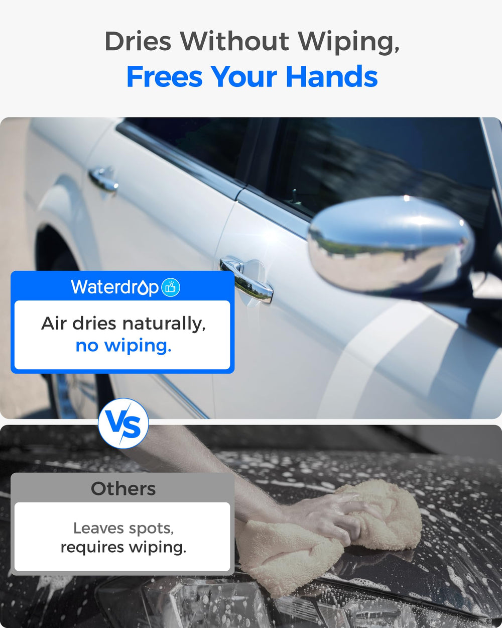 Waterdrop in use rinsing a car with spot-free water for streakless drying