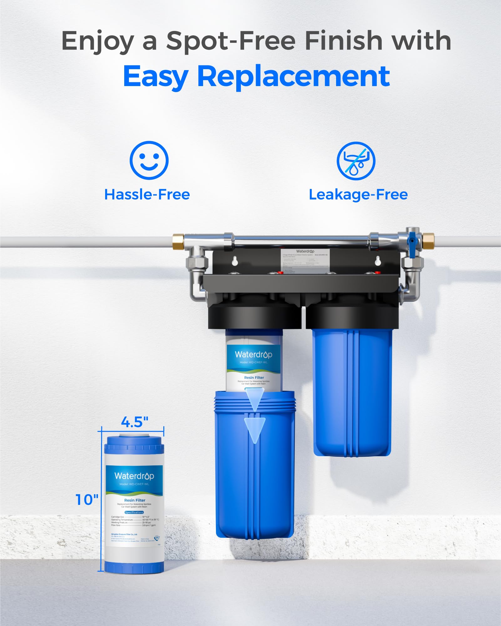 Waterdrop side label showing model details and installation-friendly instructions