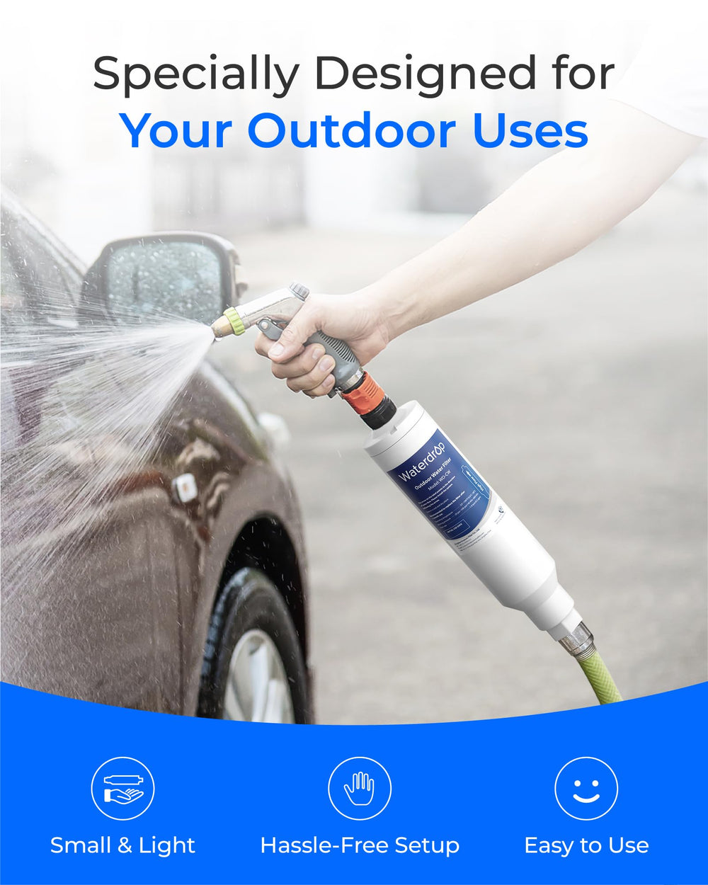 Waterdrop rinsing a car demonstrating fewer water spots and clearer finish benefit