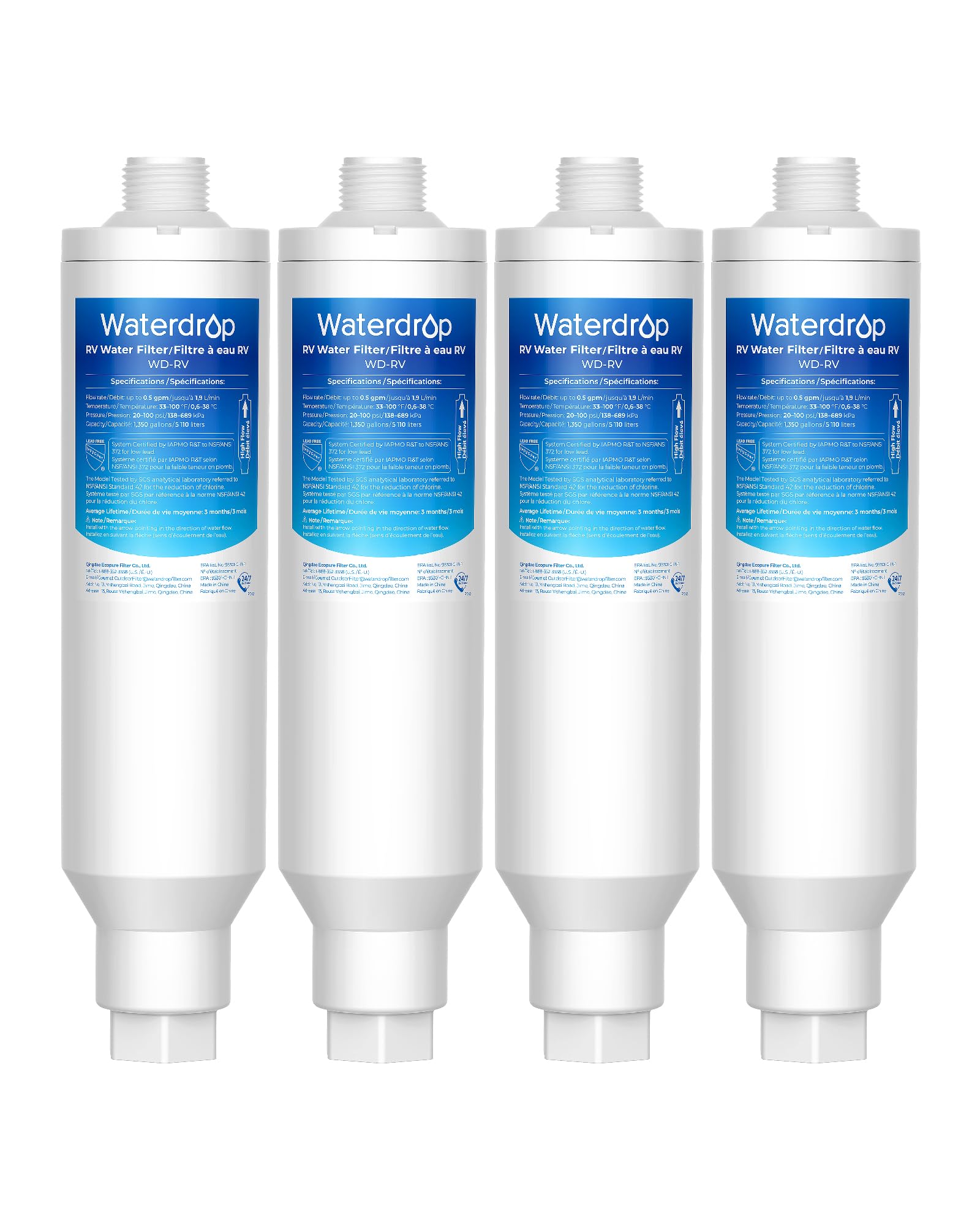 Waterdrop front view of inline filter showing compact housing and connectors benefit portability