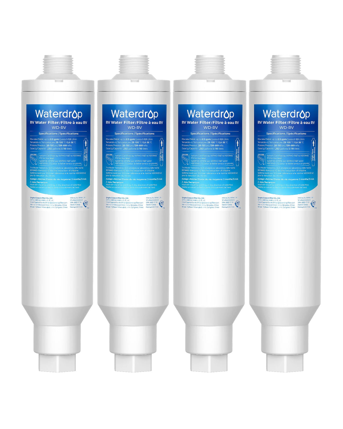 Waterdrop front view of inline filter showing compact housing and connectors benefit portability