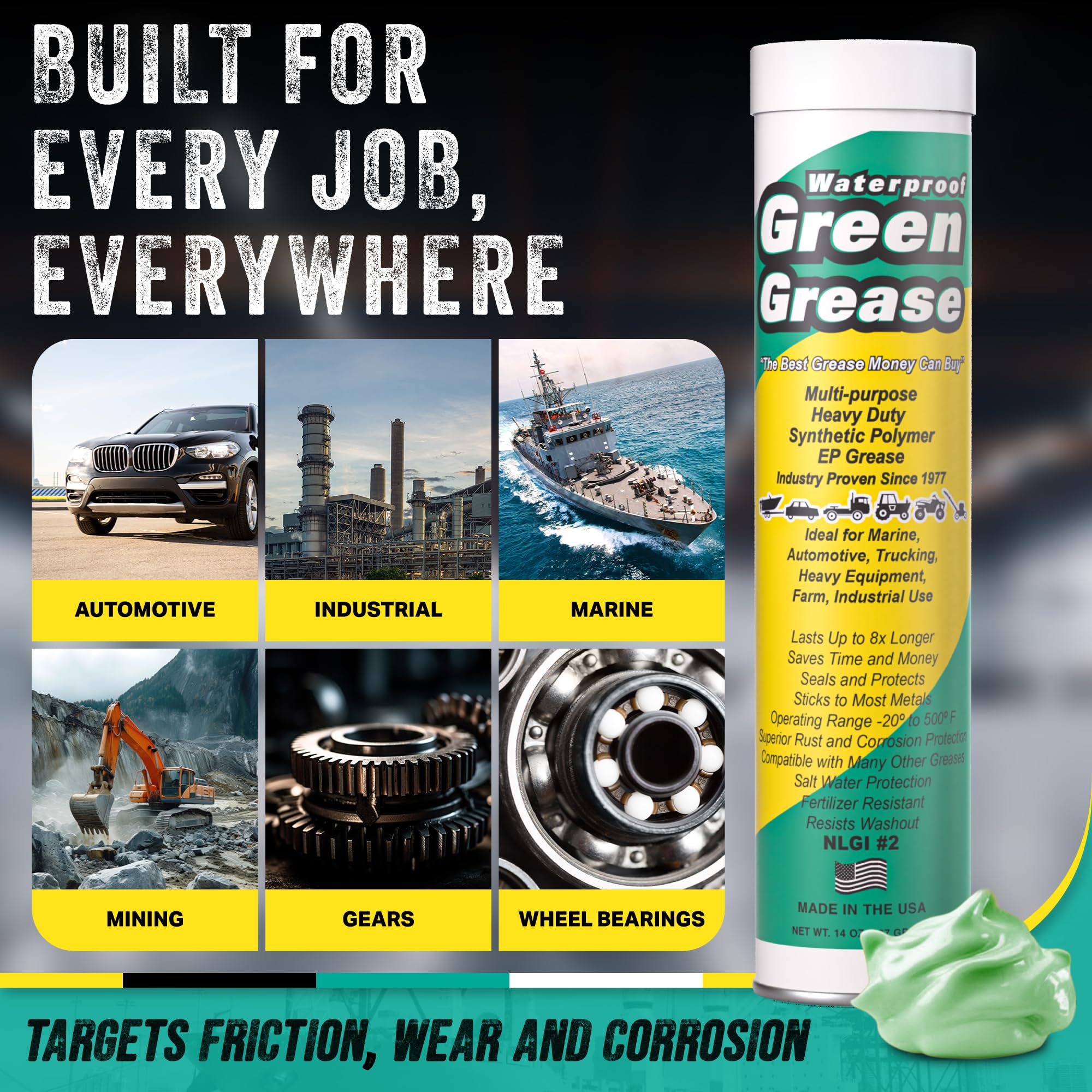 Waterproof Green Grease close-up texture showing thick green formula, highlights cling and coverage