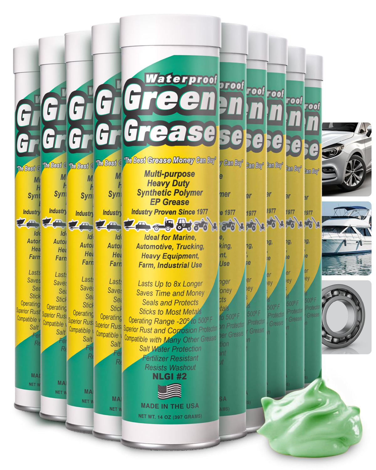 Waterproof Green Grease front packaging showing tube and label, clear product ID and protection