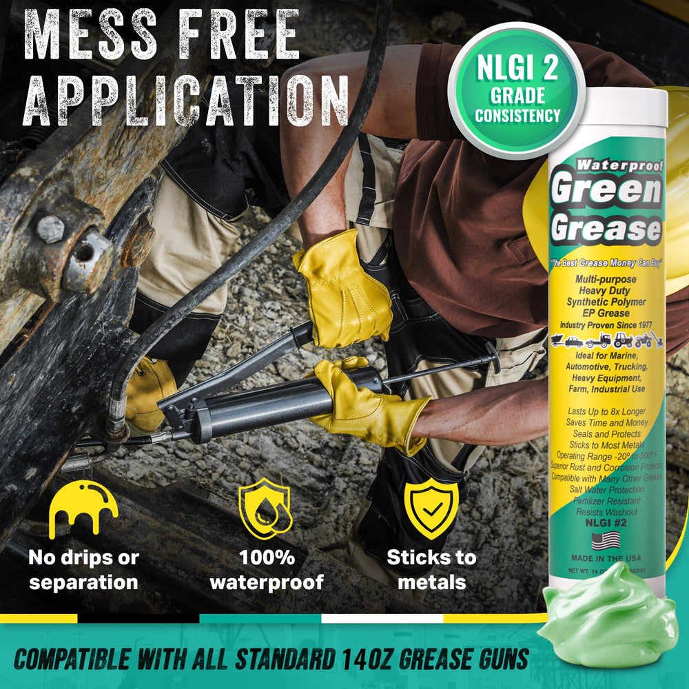 Waterproof Green Grease loaded in grease gun, demonstrating clean loading and application benefit