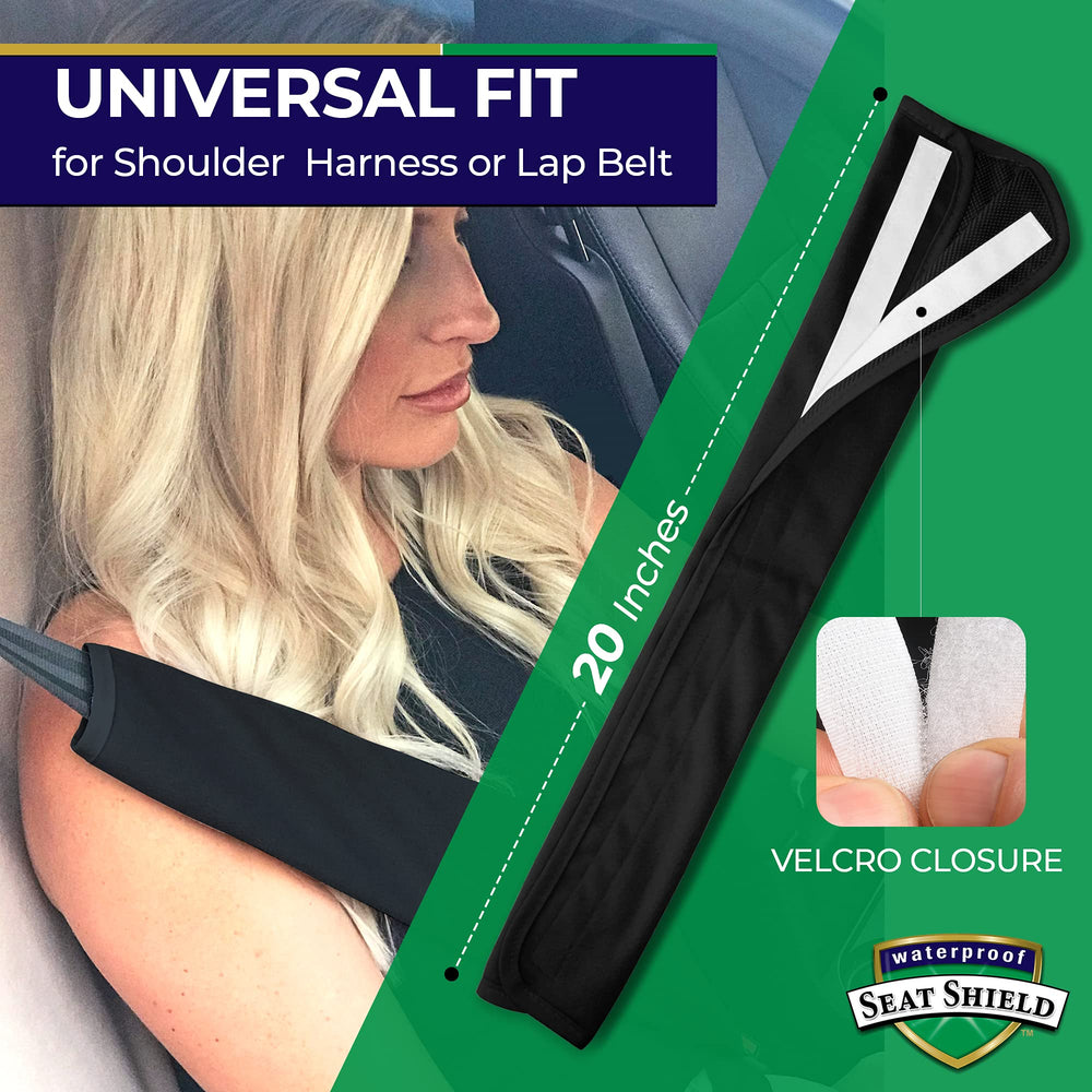Waterproof SeatShield installed on car seat belt, reduces shoulder chafing on drives