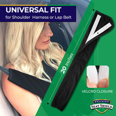 Waterproof SeatShield installed on car seat belt, reduces shoulder chafing on drives