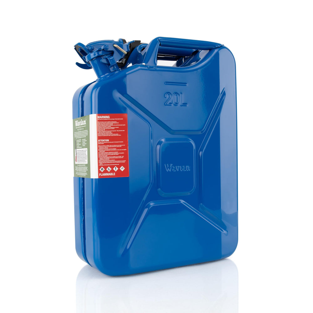 Wavian blue jerry can front view showing sturdy construction and corrosion resistance