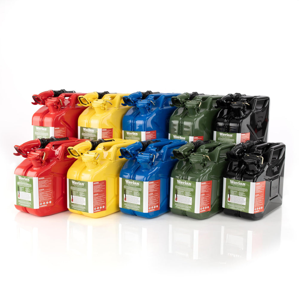 Wavian jerry can in outdoor vehicle setting indicating rugged portability and emergency fuel readiness