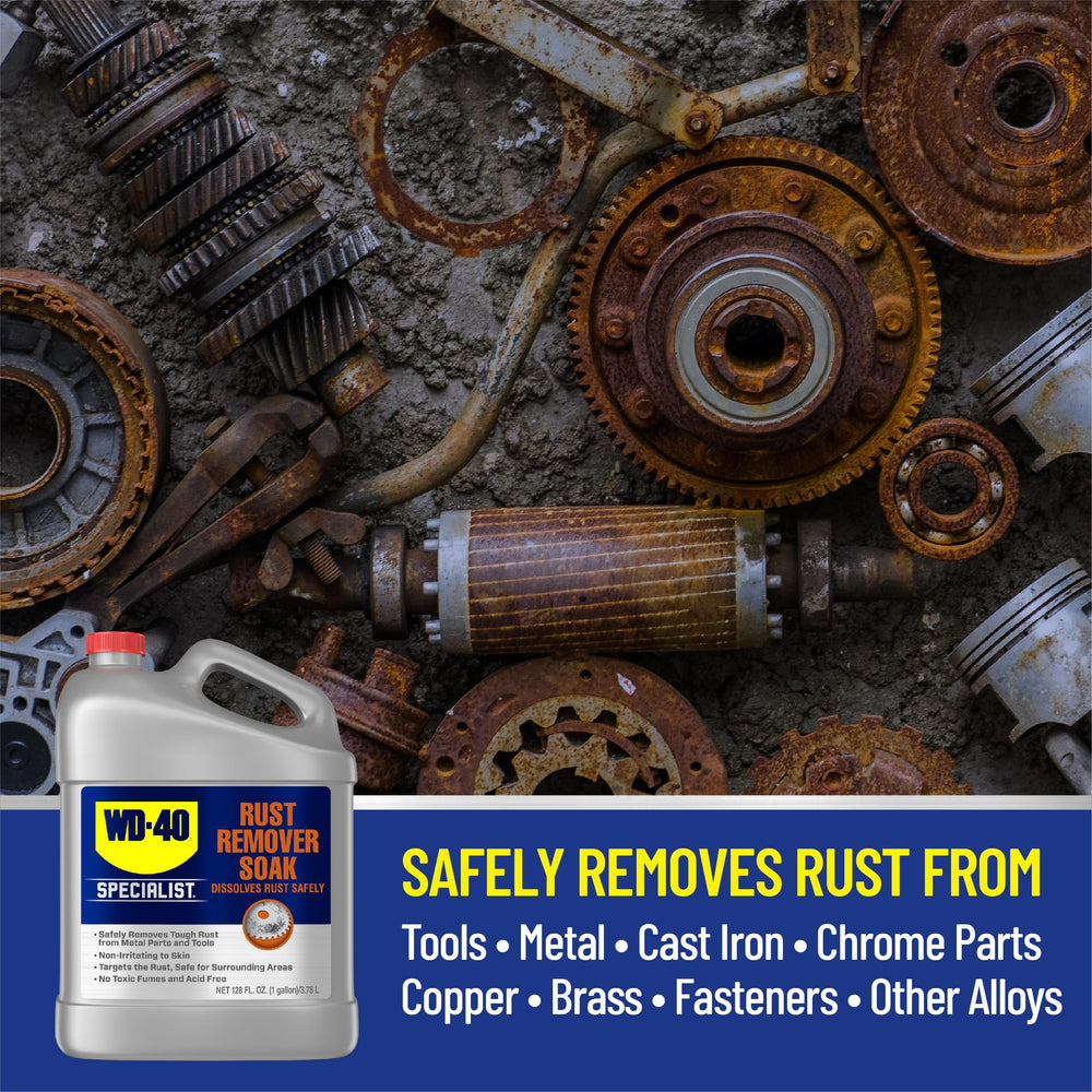 WD-40 Specialist soaked tools submerged in solution demonstrating effective corrosion removal benefit