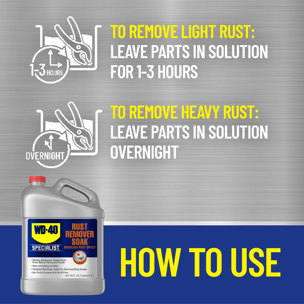 WD-40 Specialist before and after metal piece showing rust dissolved to bare metal benefit