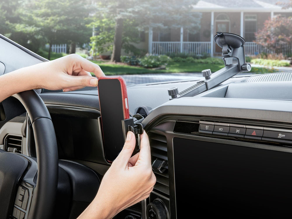 WeatherTech WindshieldFone mounted in car showing easy access and unobstructed driving view