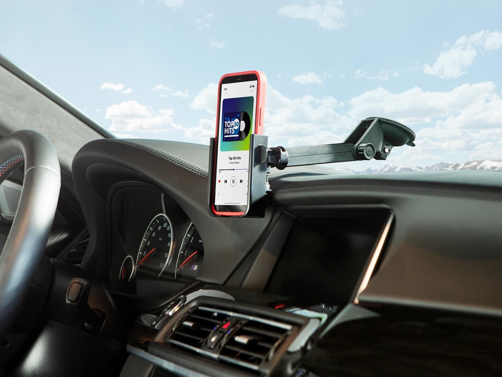 WeatherTech WindshieldFone suction base detail showing strong attachment and vibration resistance