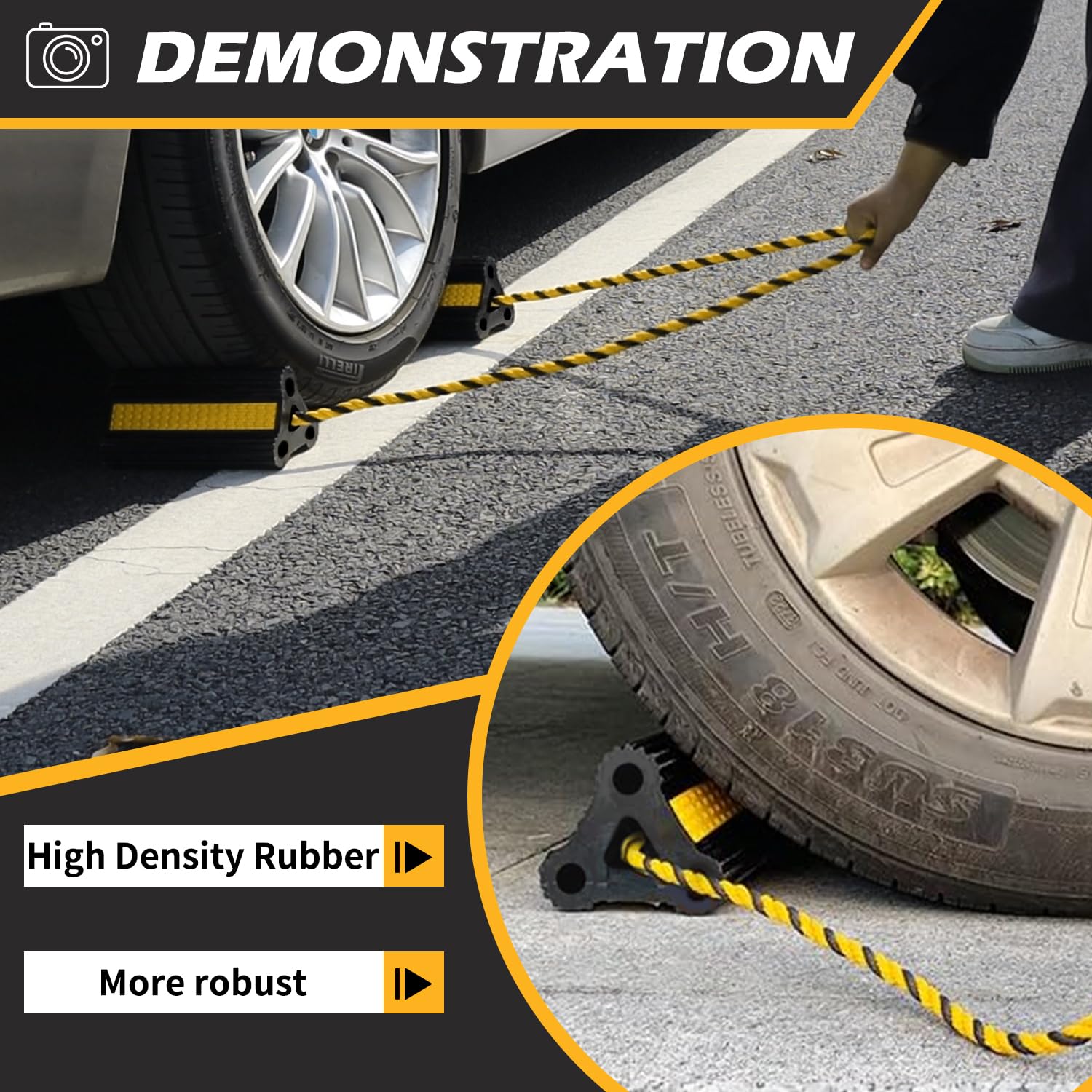 WECARLLE chock placed against an RV tire demonstrating secure blocking benefit
