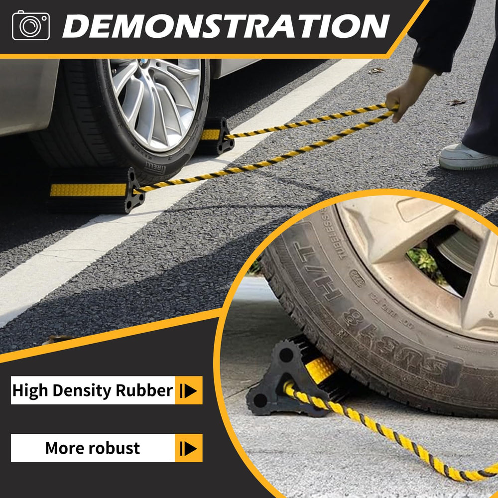 WECARLLE chock placed against an RV tire demonstrating secure blocking benefit