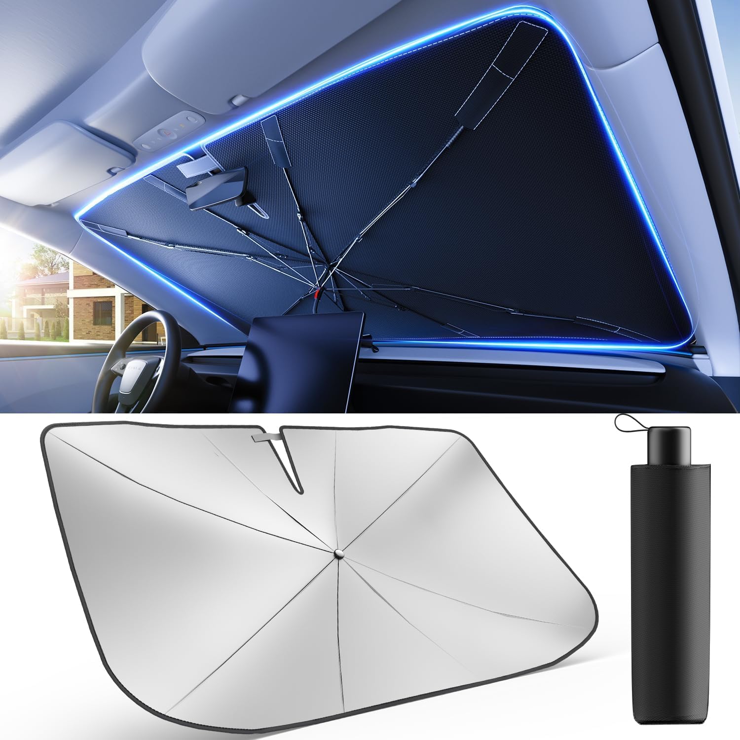 Weektic front open umbrella sunshade showing full windshield coverage and quick setup benefit