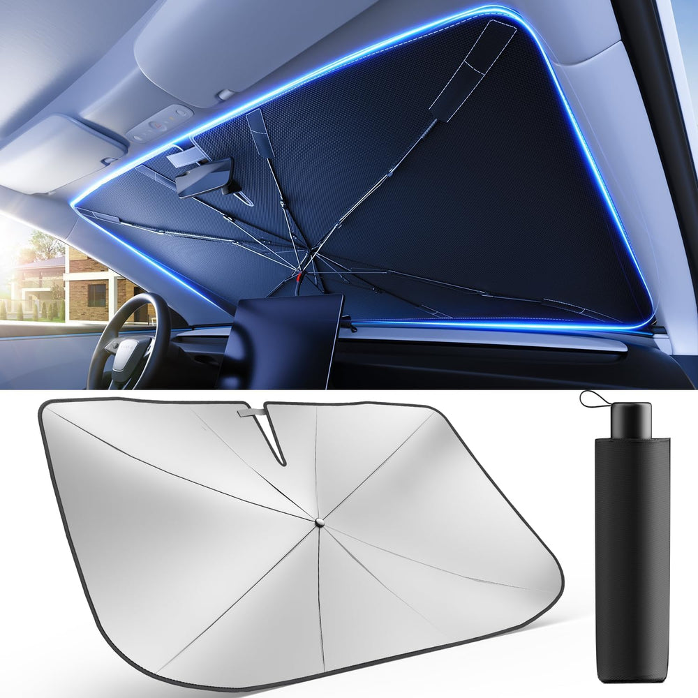 Weektic front open umbrella sunshade showing full windshield coverage and quick setup benefit