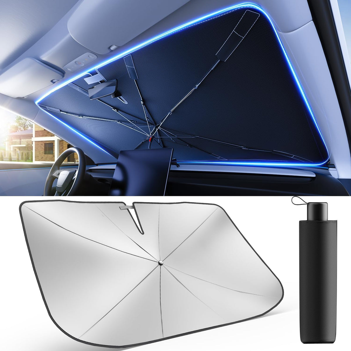 Weektic front open umbrella sunshade showing full windshield coverage and quick setup benefit