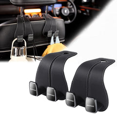 WEIHAO front view of two black leather headrest hooks, neat storage benefit