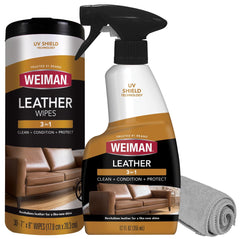 Weiman front packaging kit showing spray wipe cloth and benefits