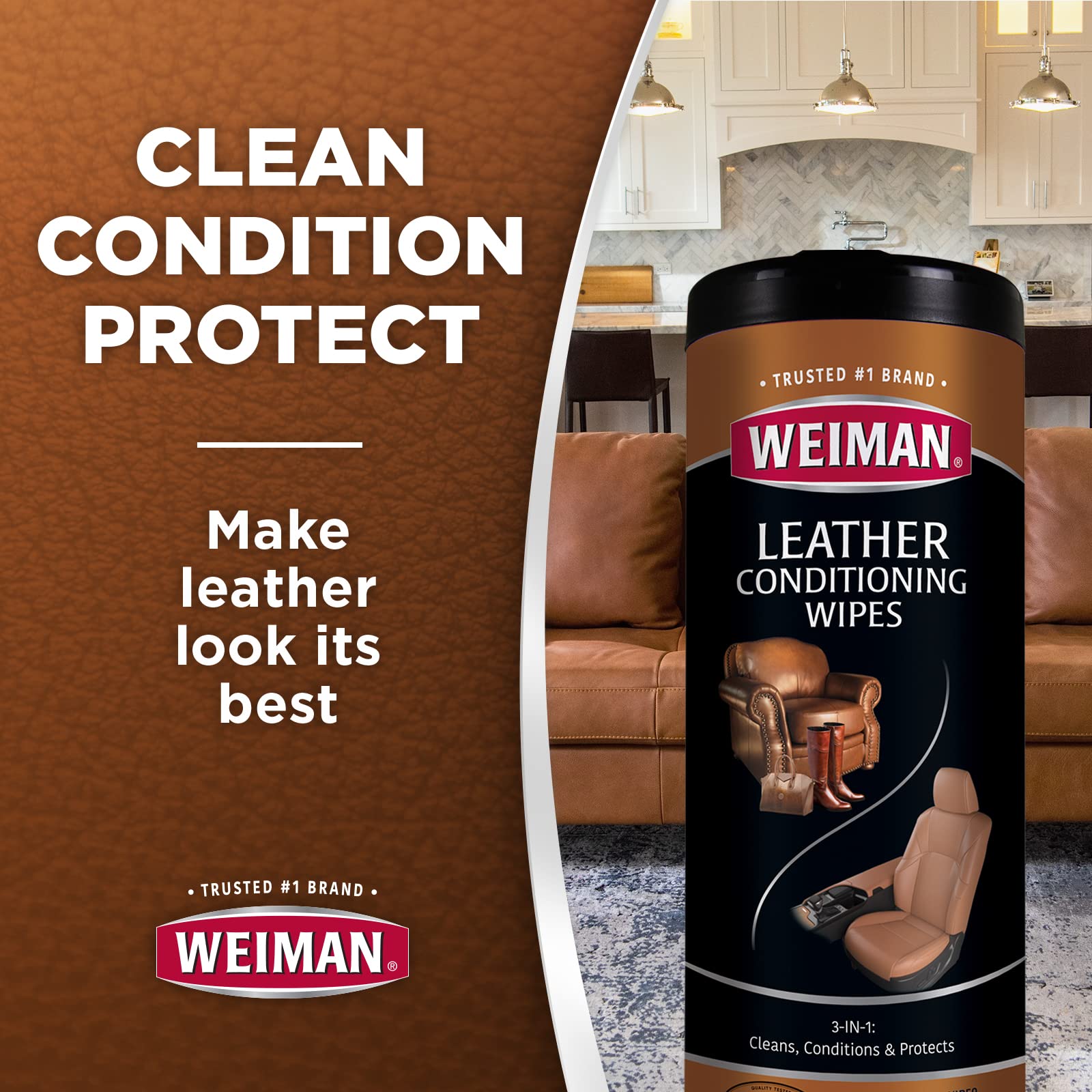 Weiman wipe depositing conditioning layer on leather to help restore suppleness