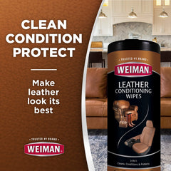 Weiman wipe depositing conditioning layer on leather to help restore suppleness
