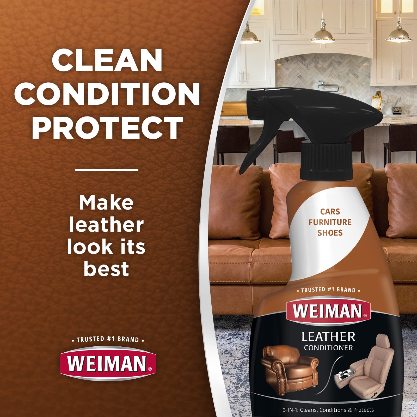 Weiman spray action on car seat demonstrating quick interior cleaning benefit