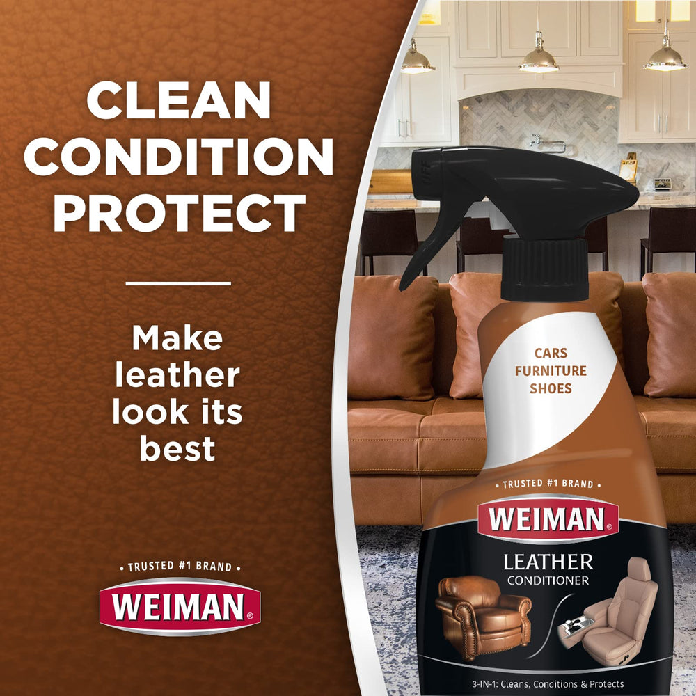 Weiman spray action on car seat demonstrating quick interior cleaning benefit