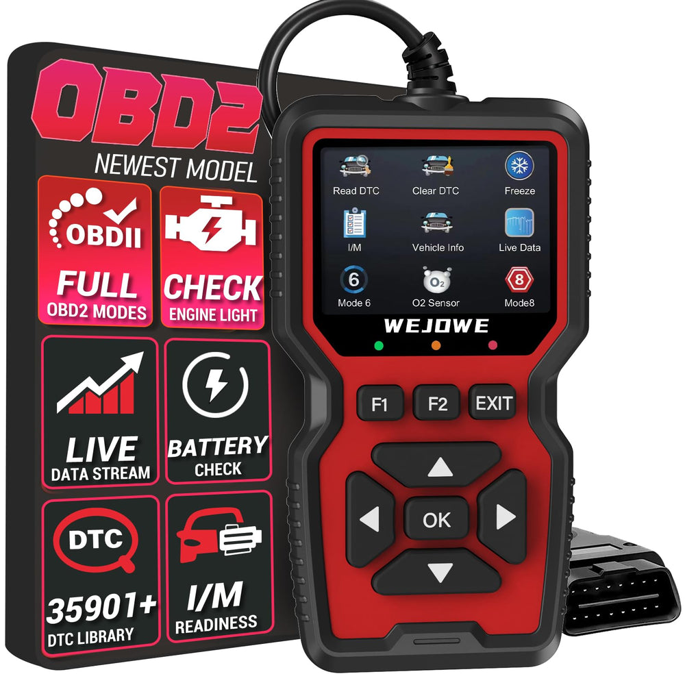 WEJOWE front view of compact OBD2 scanner showing controls and port benefit quick diagnostics