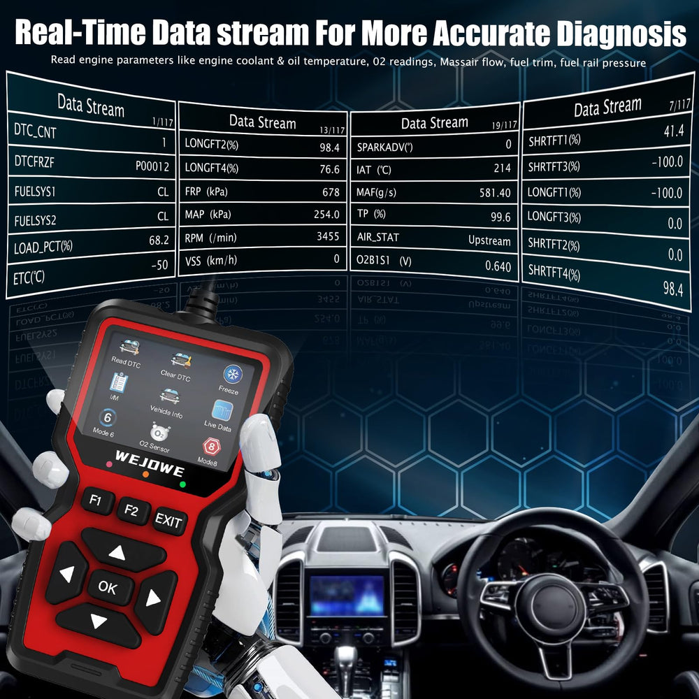 WEJOWE printed diagnostic report beside laptop showing print function benefit easy documentation