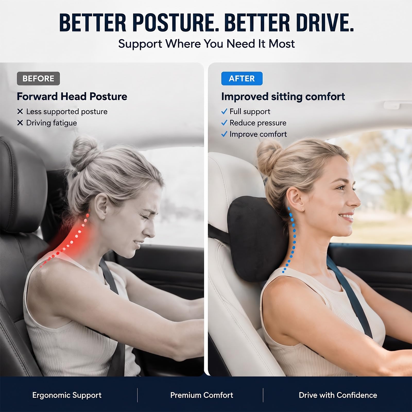 WELBRIT pillow attached to car headrest showing stable support benefit
