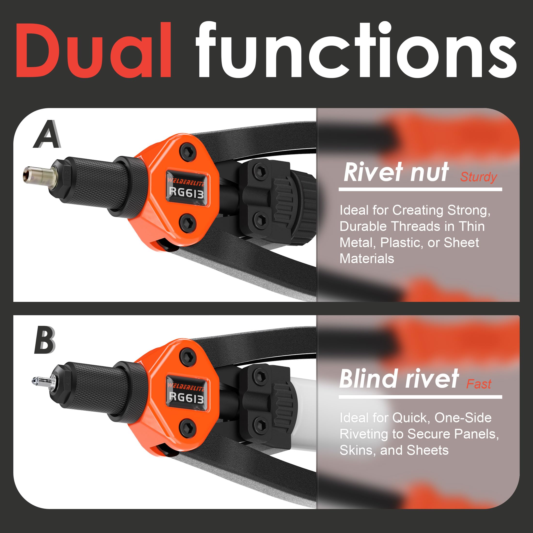 WelderElite blind rivet nozzles detail showing precise pulling alignment