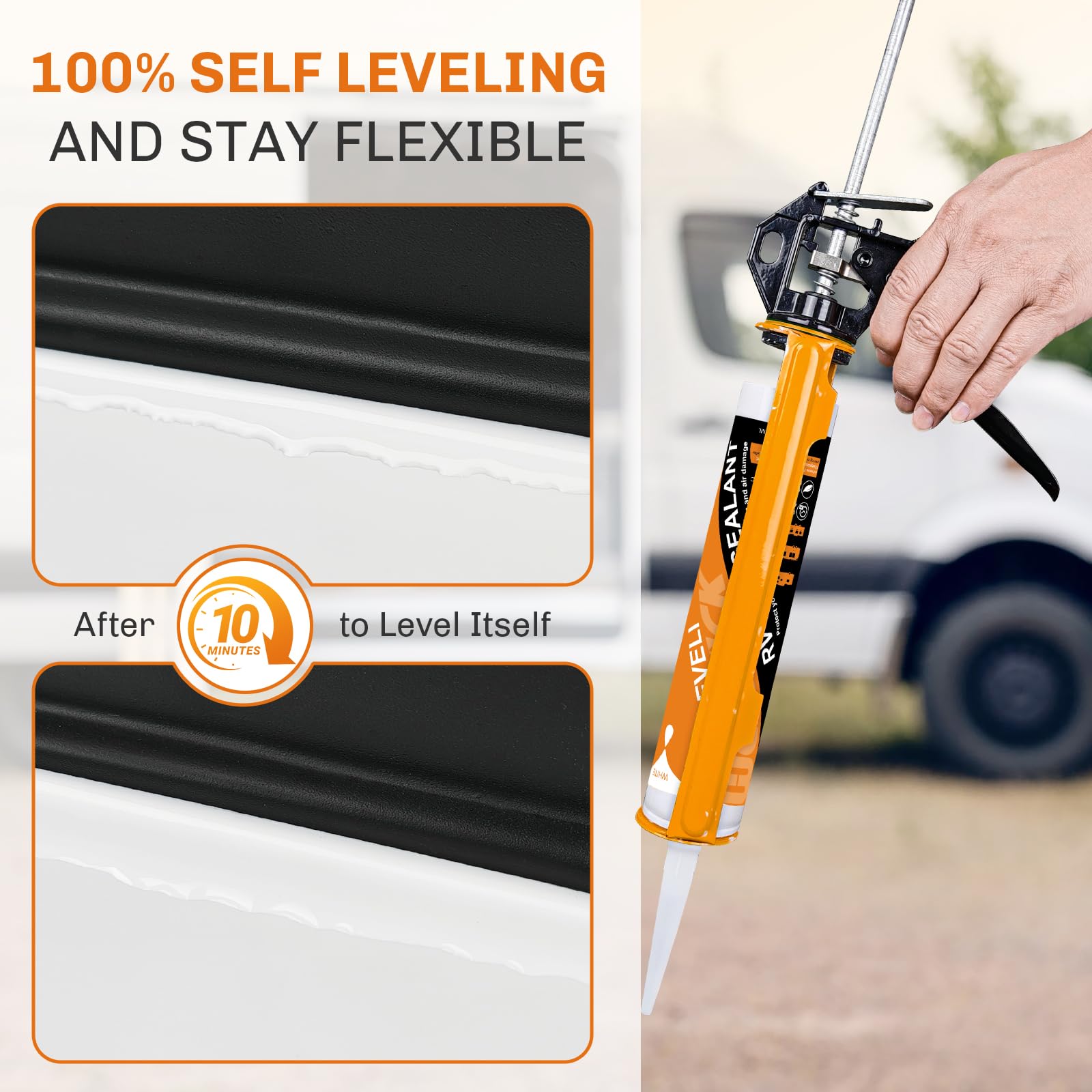 WELLUCK applying sealant on an RV roof seam showing easy use and secure adhesion