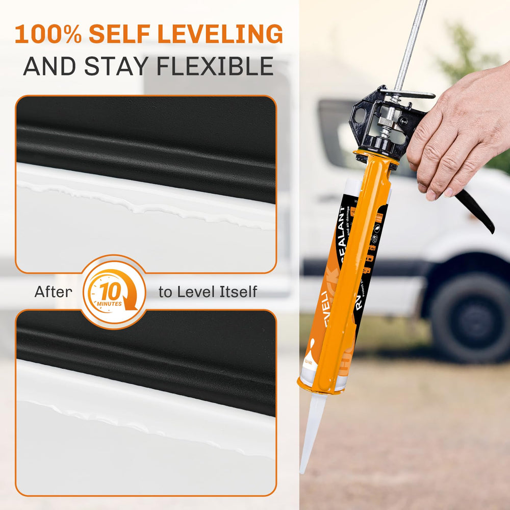 WELLUCK applying sealant on an RV roof seam showing easy use and secure adhesion