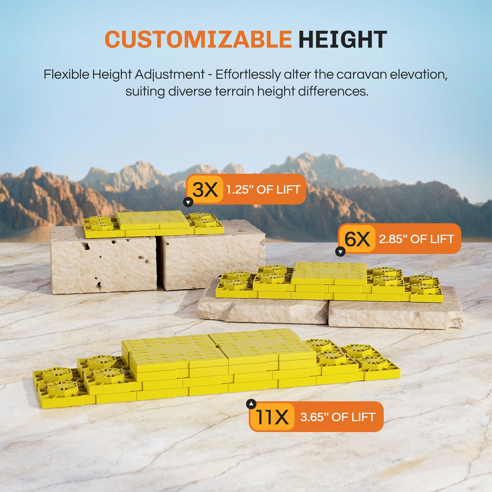 WELLUCK stacked blocks next to RV wheel illustrating adjustable height advantage