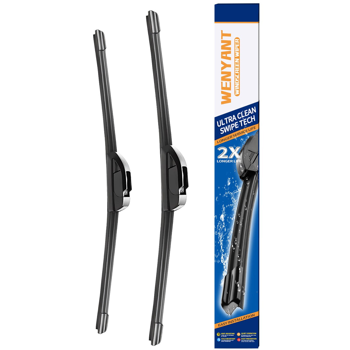 wenyant front packaging showing 2-pack wiper blades and compatibility labels for easy buying