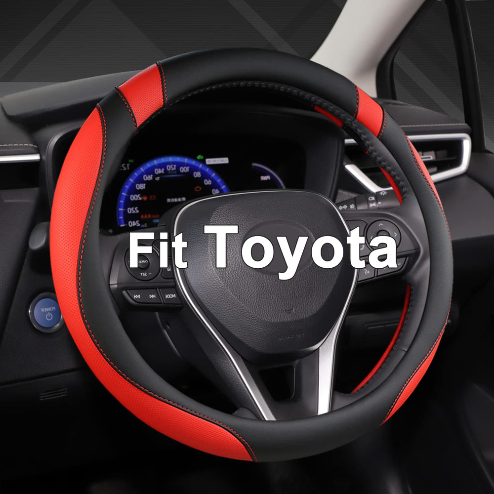 West Llama front view of black and red steering wheel cover showing style and fit