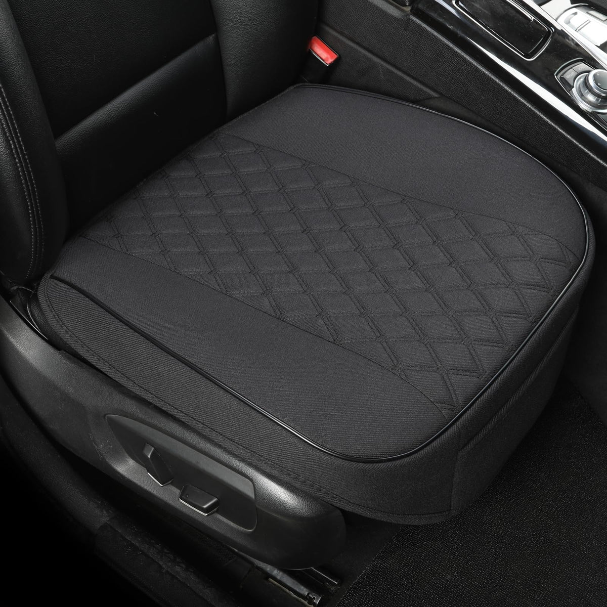 West Llama front seat cover full-front view showing neat fit and protection