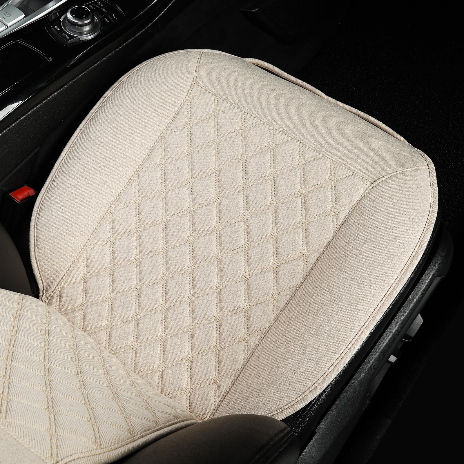 West Llama seat cover on seat showing size scale for fit guidance