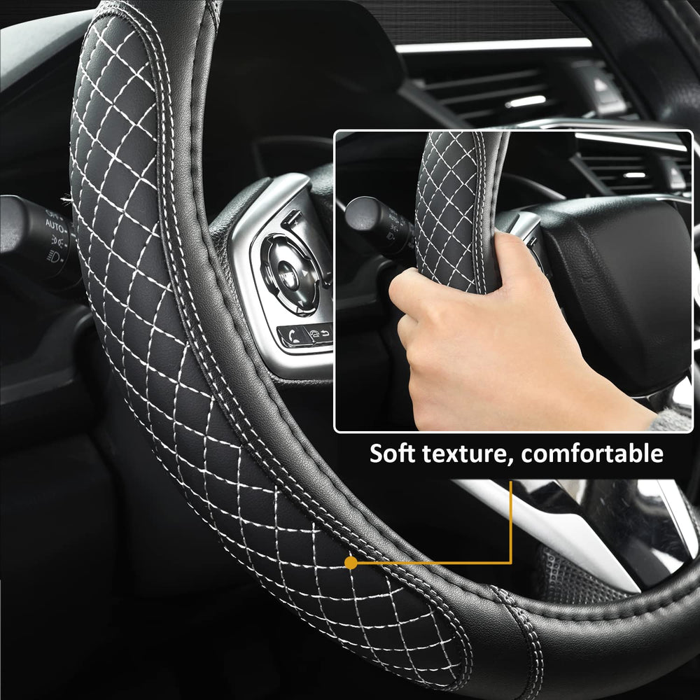 West Llama steering wheel cover beside ruler showing 14.5–15 inch fit