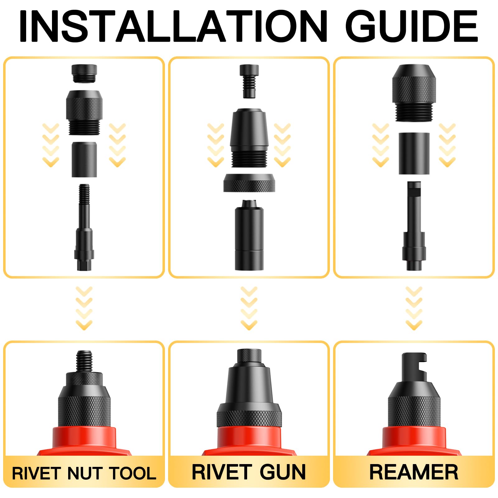WETOLS mandrels and rivet heads arranged showing included sizes for versatility