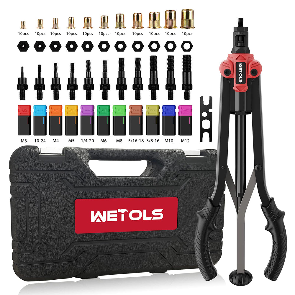 WETOLS rivet nut tool front view showing robust construction and fast setup benefit