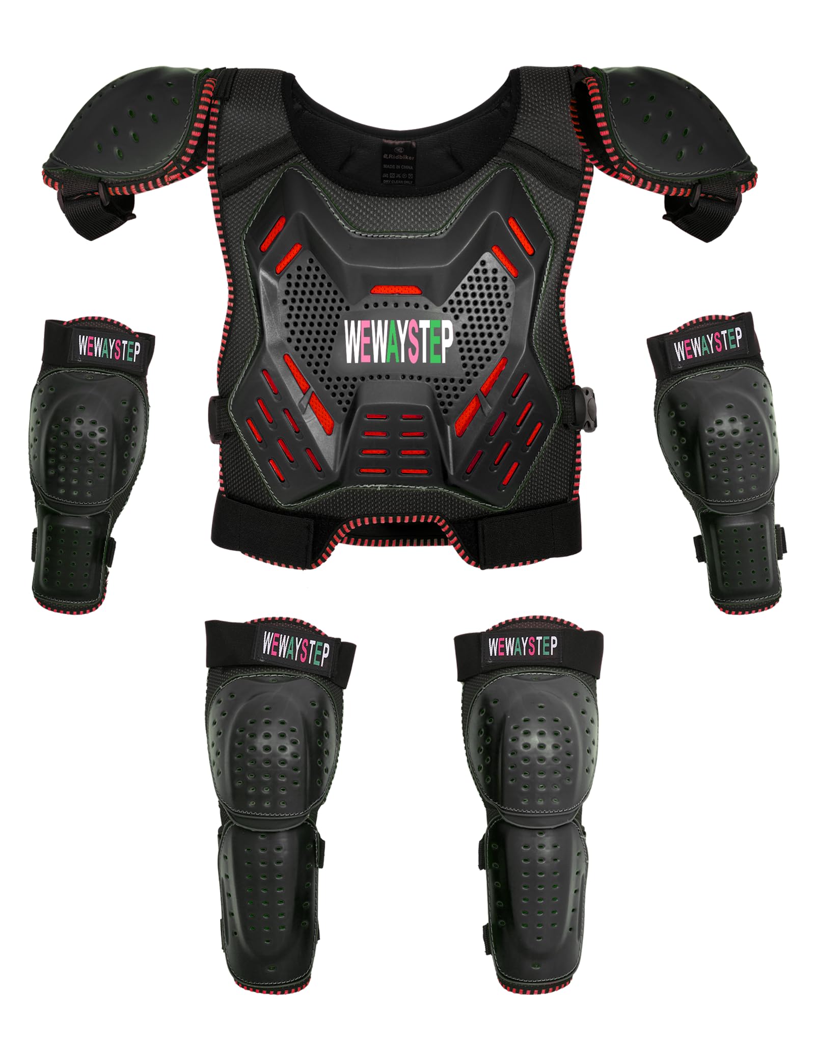 WEWAYSTEP front view of vest and five-piece protection set showing full coverage and convenience