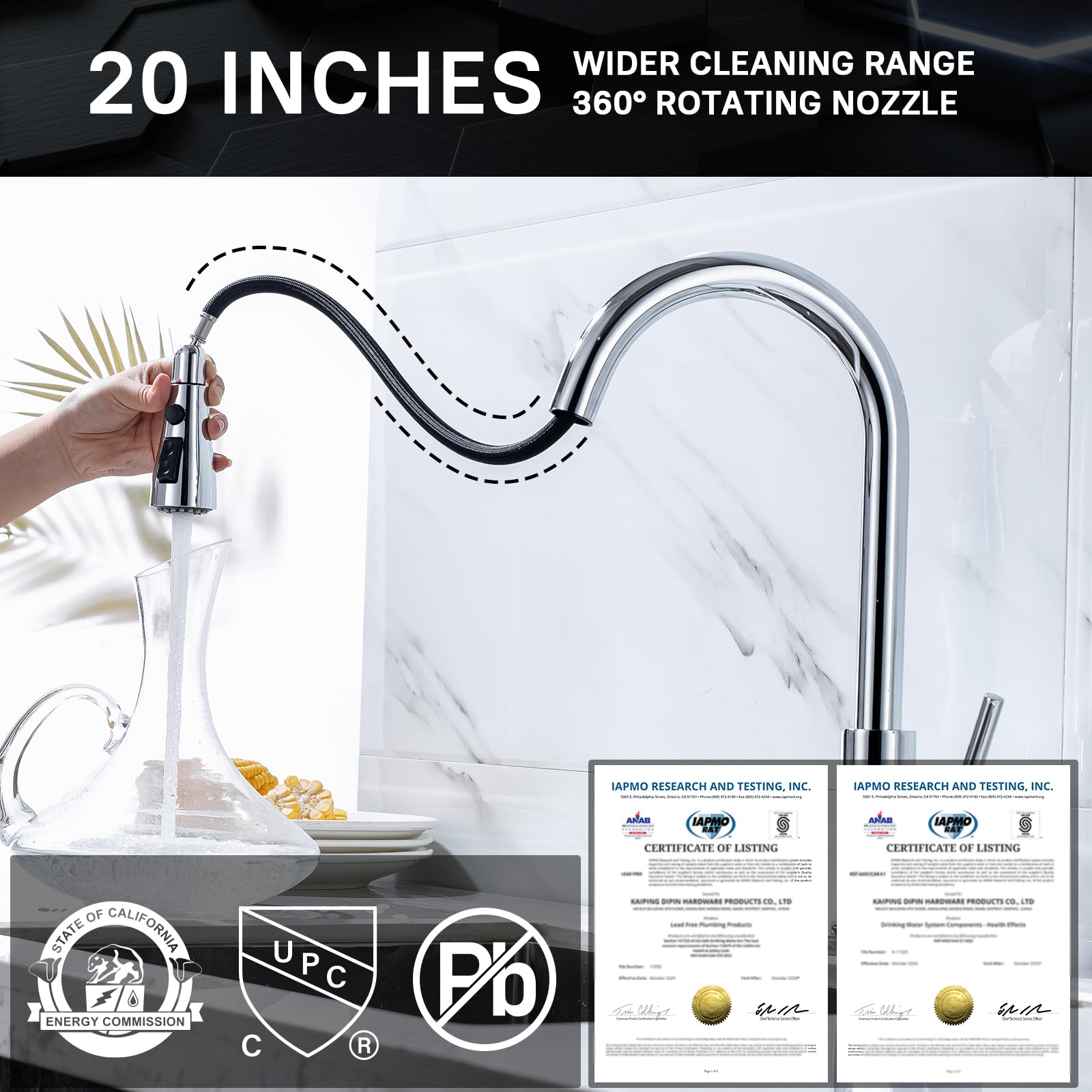 WEWE pull-down sprayer extended over sink showing flexible reach for rinsing