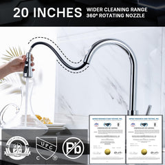 WEWE pull-down sprayer extended over sink showing flexible reach for rinsing