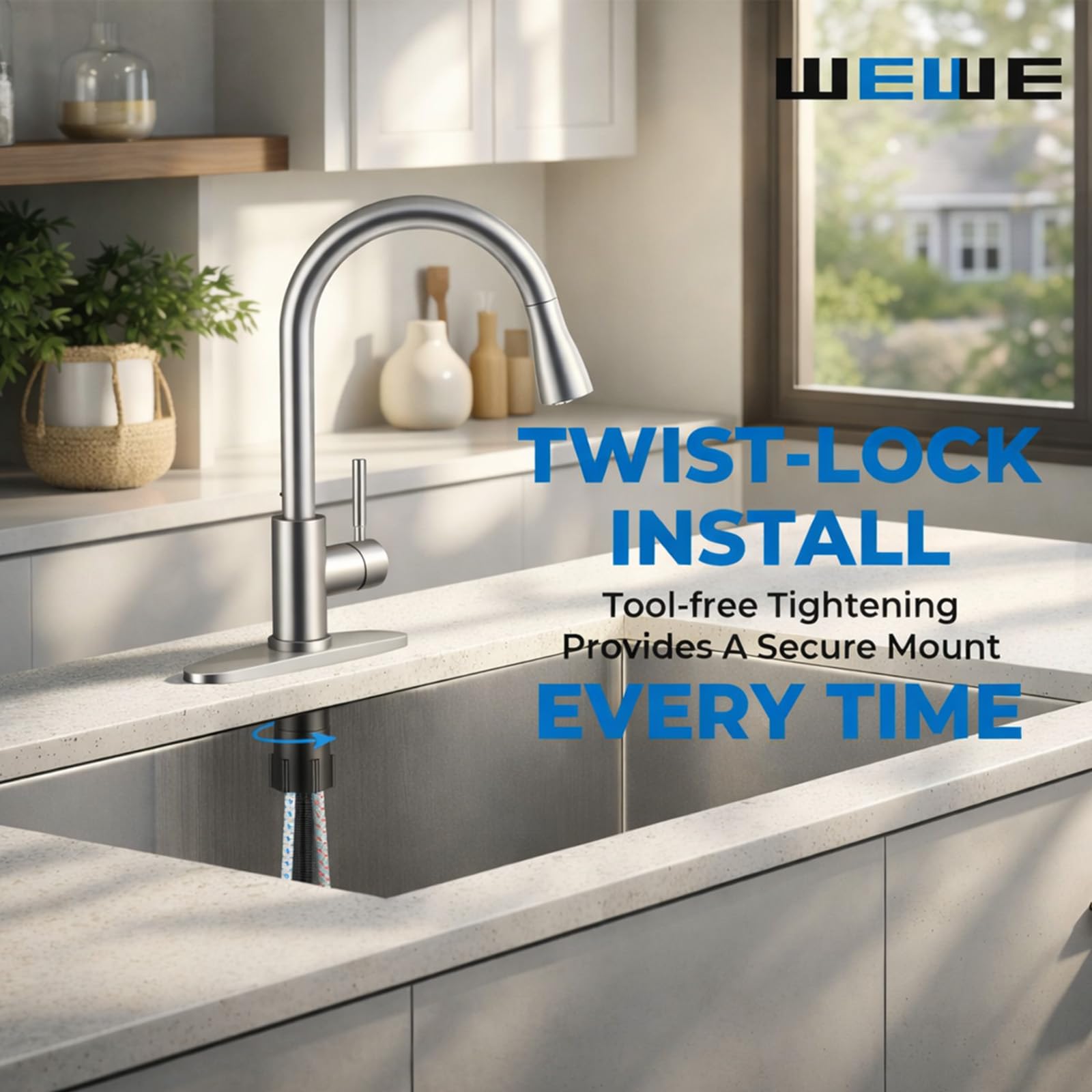 WEWE faucet next to a pot for size comparison showing tall arc fits large cookware benefit