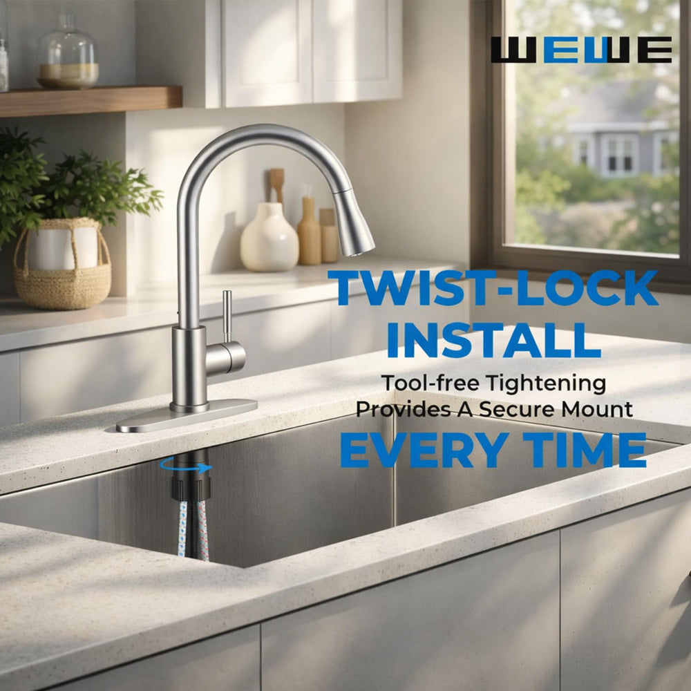 WEWE faucet next to a pot for size comparison showing tall arc fits large cookware benefit
