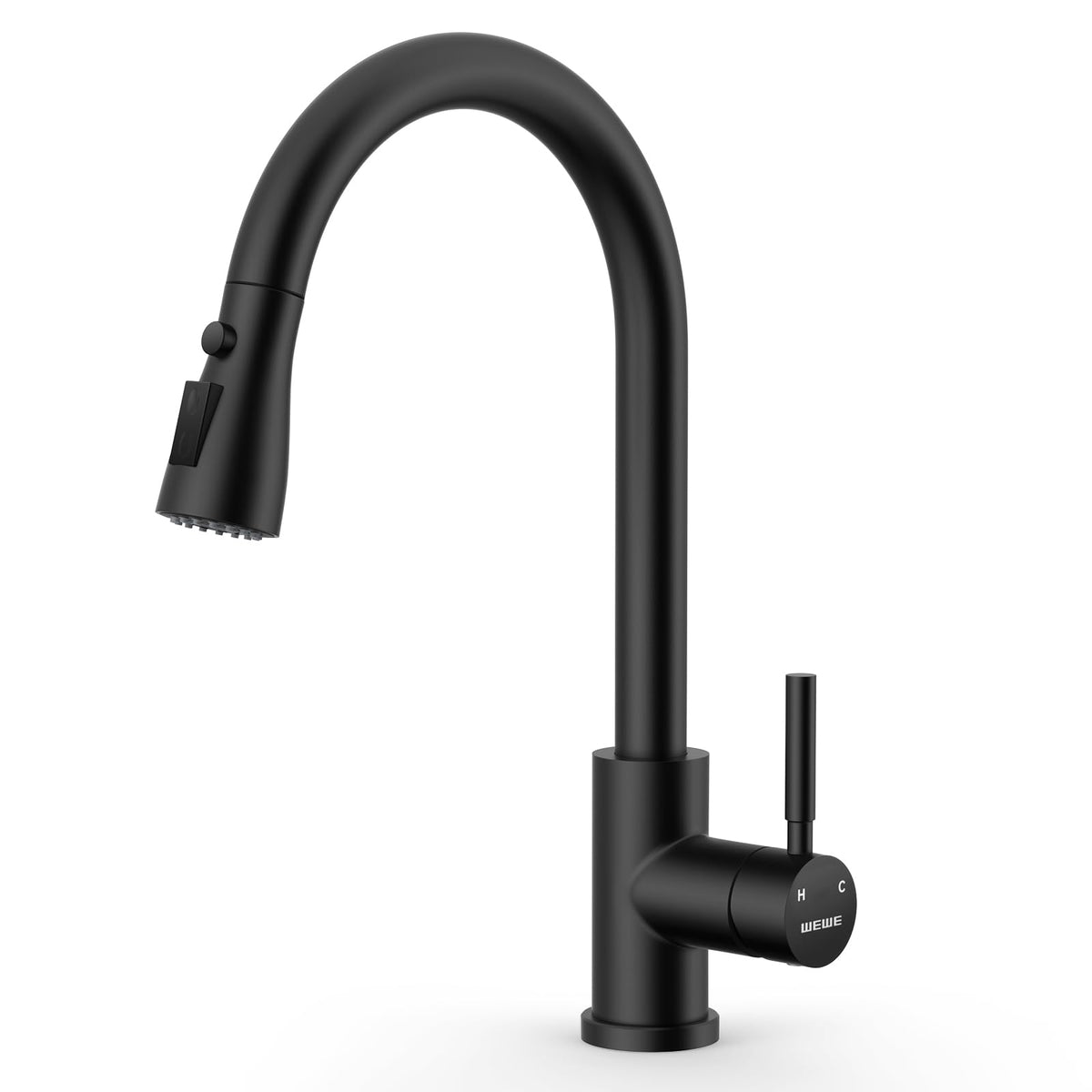 WEWE matte black faucet front view showing sleek tulip shape and modern look