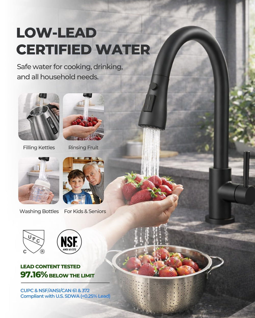 WEWE pull-down hose extended demonstrating 20-inch reach for deep pots