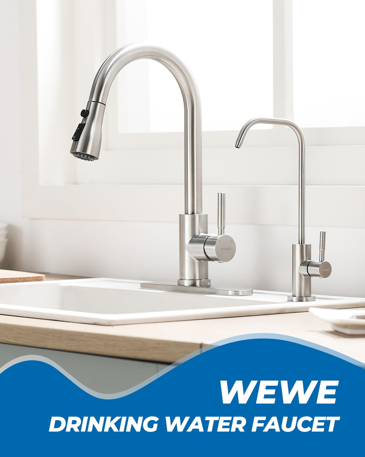 WEWE RO close-up of spout showing stainless flow path and smooth water delivery