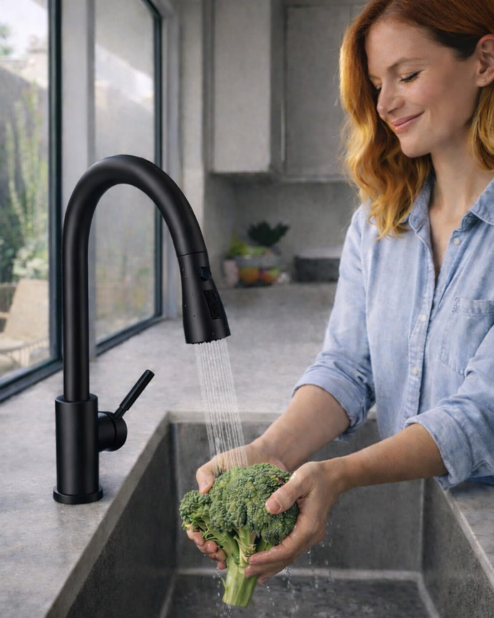 WEWE faucet next to large pot showing high-arc clearance and practical reach